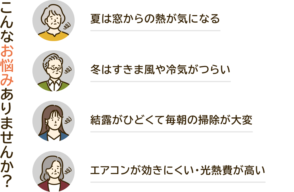 こんなお悩みありませんか？ 夏は窓からの熱が気になる 冬はすきま風や冷気がつらい 結露がひどくて毎朝の掃除が大変 エアコンが効きにくい・光熱費が高い
