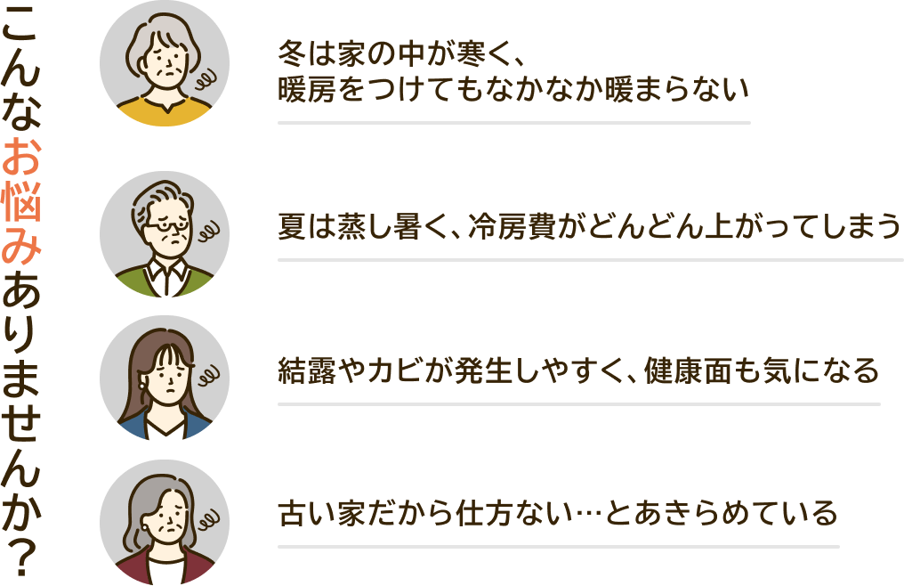 こんなお悩みありませんか？ 冬は家の中が寒く、暖房をつけてもなかなか暖まらない 夏は蒸し暑く、冷房費がどんどん上がってしまう 結露やカビが発生しやすく、健康面も気になる 古い家だから仕方ない…とあきらめている